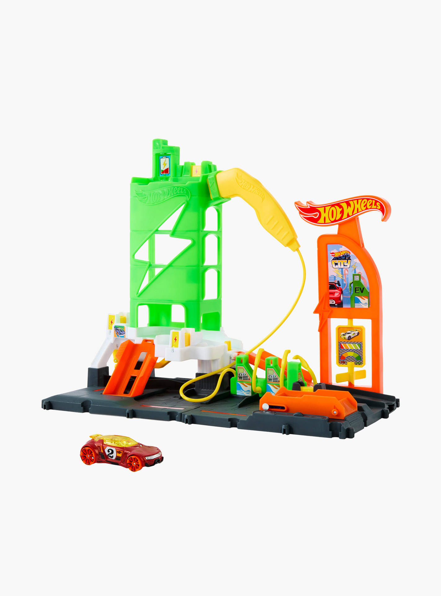 Hot Wheels City Track Set, Super Recharge Fuel Station Playset with EV Chargers & 1:64 Scale Toy Car-image-1
