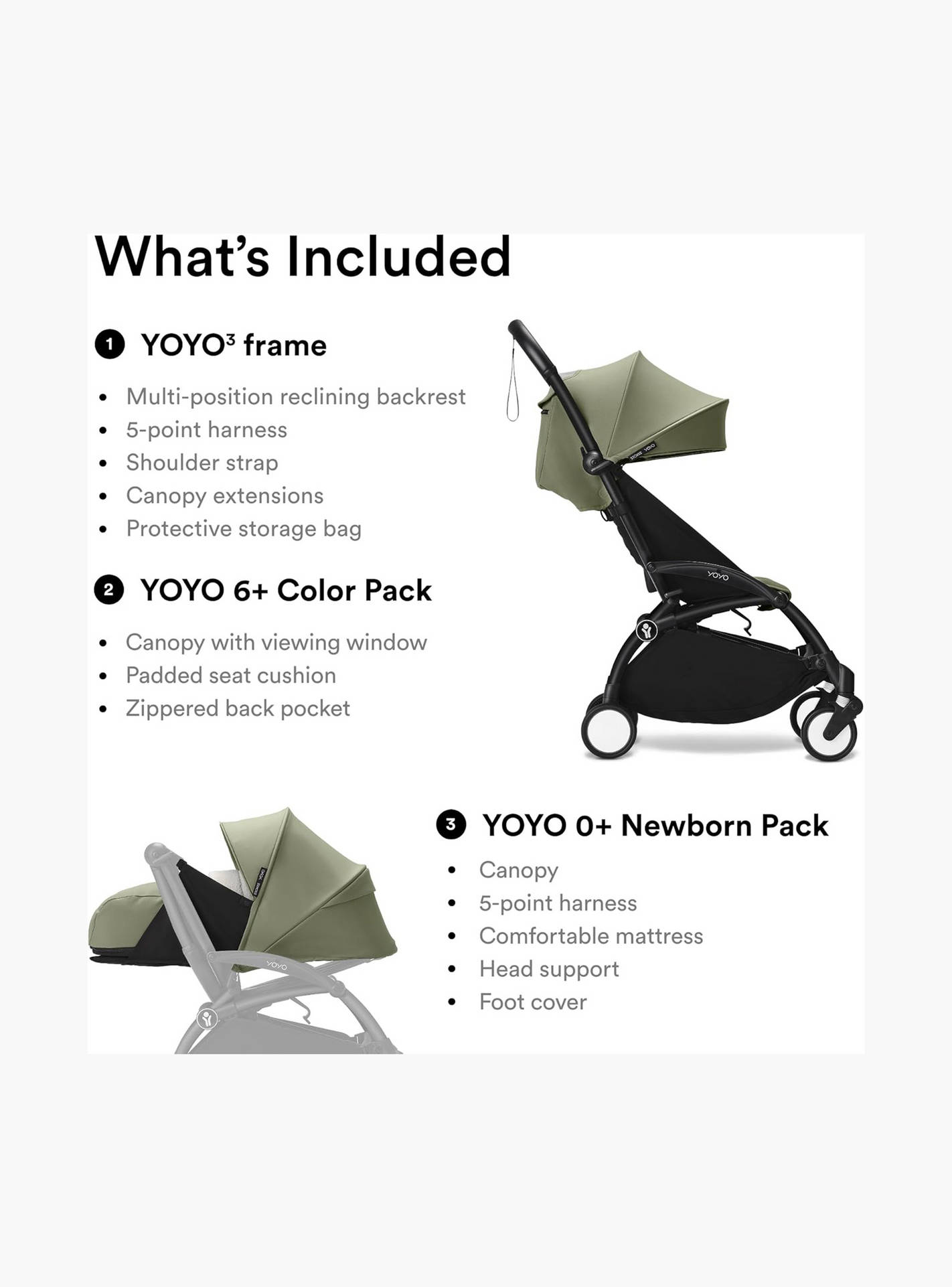 Stokke YOYO3 Stroller with Newborn Pack - Black Frame, 0+ Newborn Pack & 6+Color Pack - Olive-baby-gear-strollersandprams-strollers-image-6