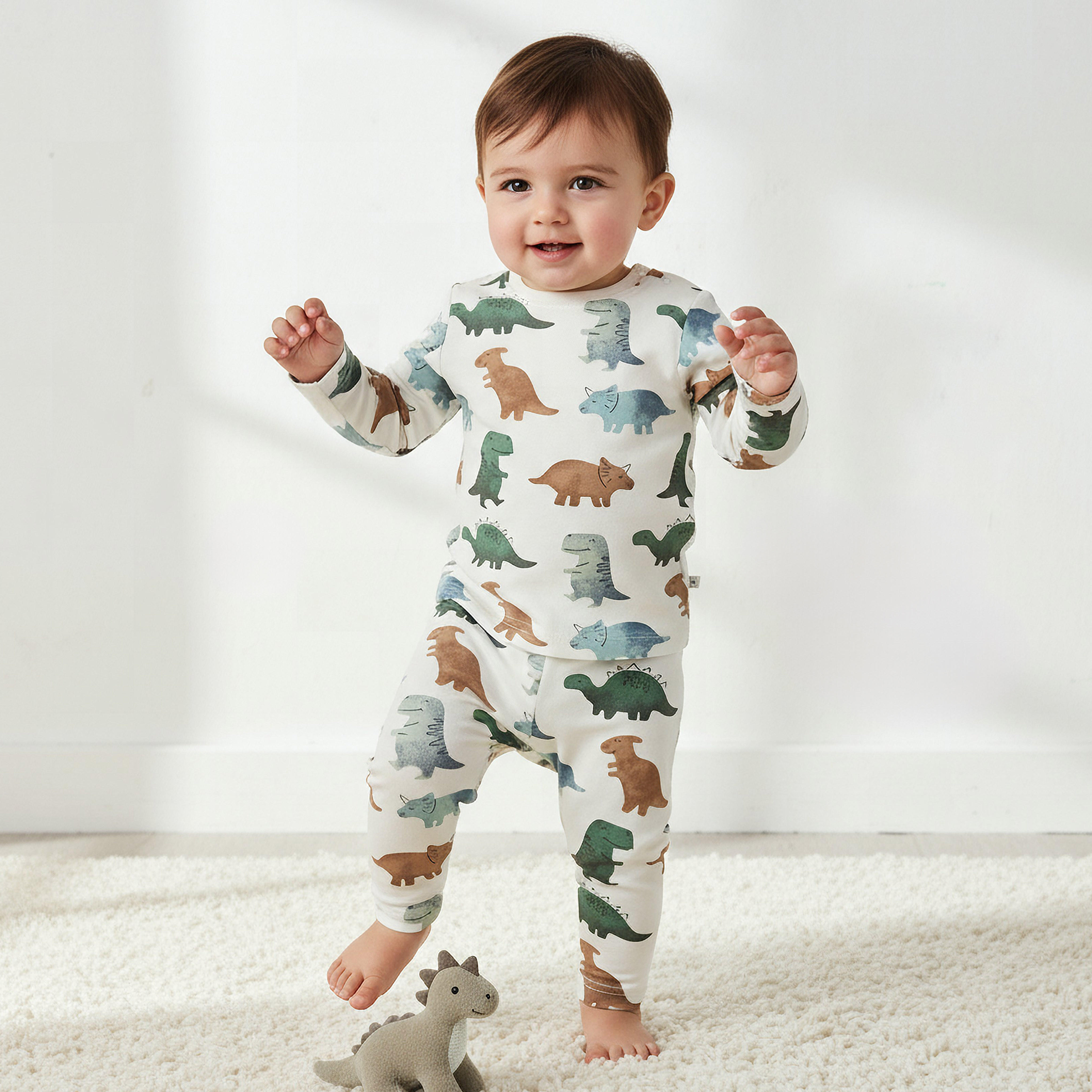 Juniors All-Over Dinosaur Print Long Sleeve T-shirt and Elasticated Pyjama Set-baby-boys-clothing-nightwear-pyjamasets-image-1