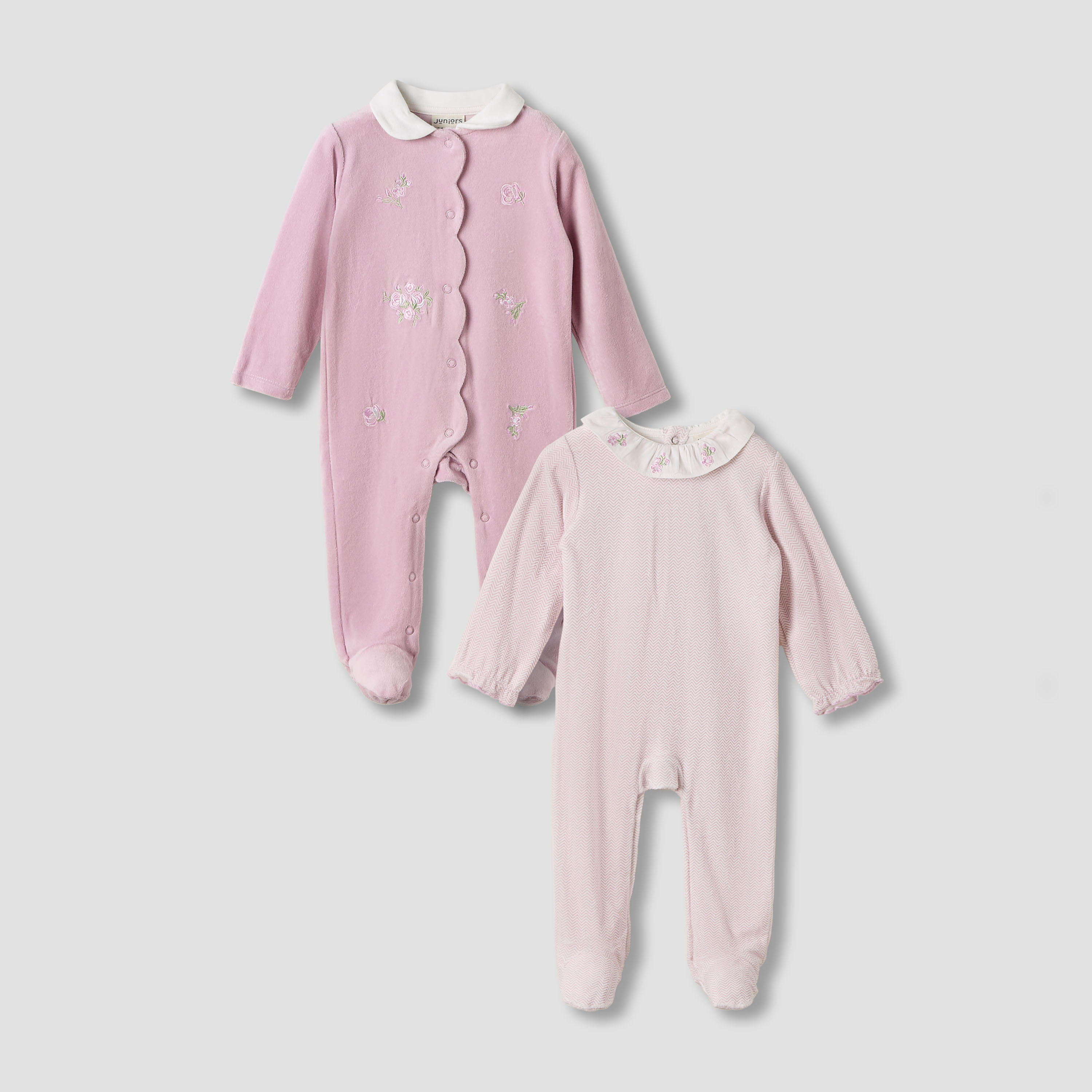 Juniors Crew Neck Sleepsuit with Embroidery - Long Sleeves - Set of 2-baby-girls-clothing-nightwear-sleepsuits-image-1