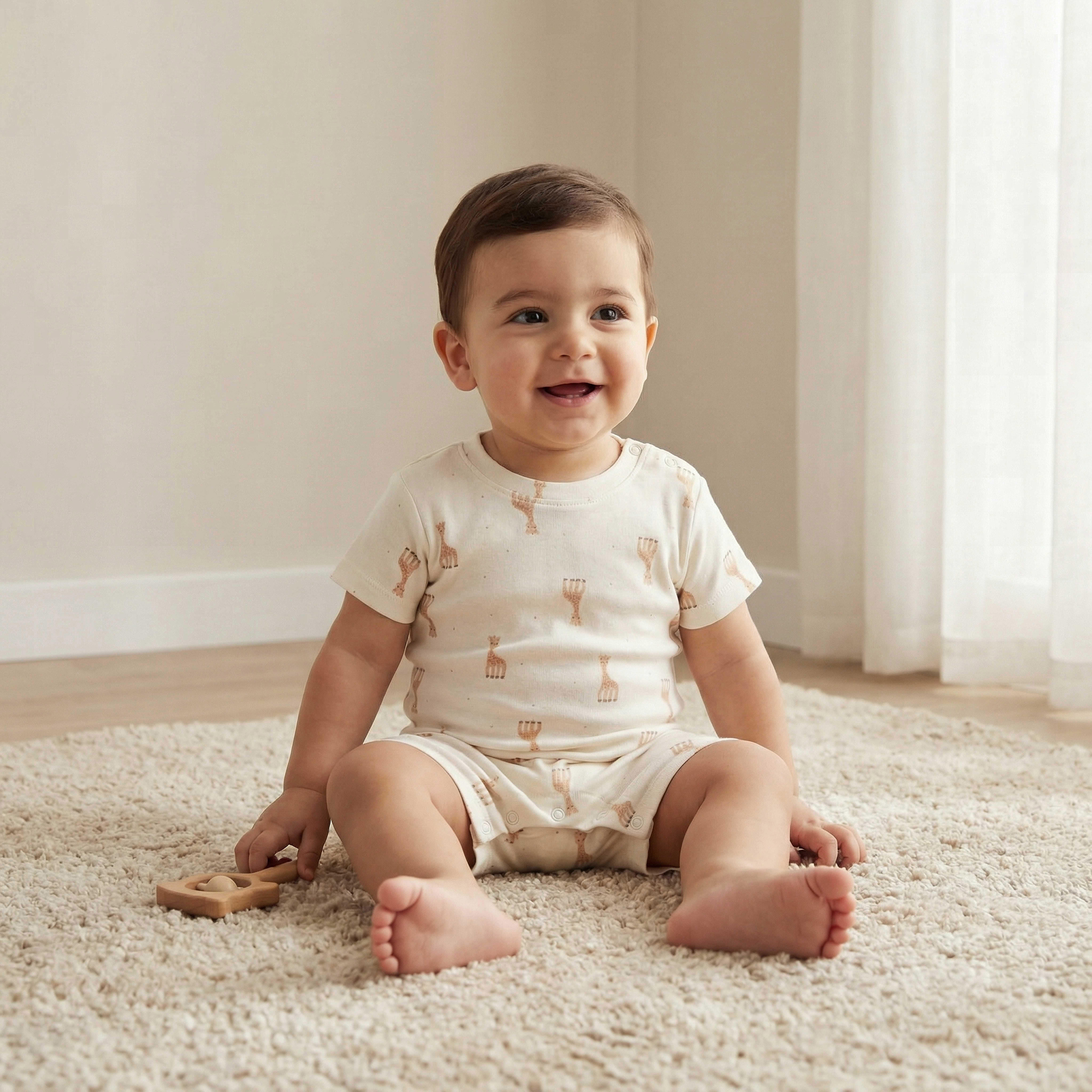 Juniors Giraffe Print Romper with Short Sleeves and Button Closure-baby-boys-clothing-rompers-image-1