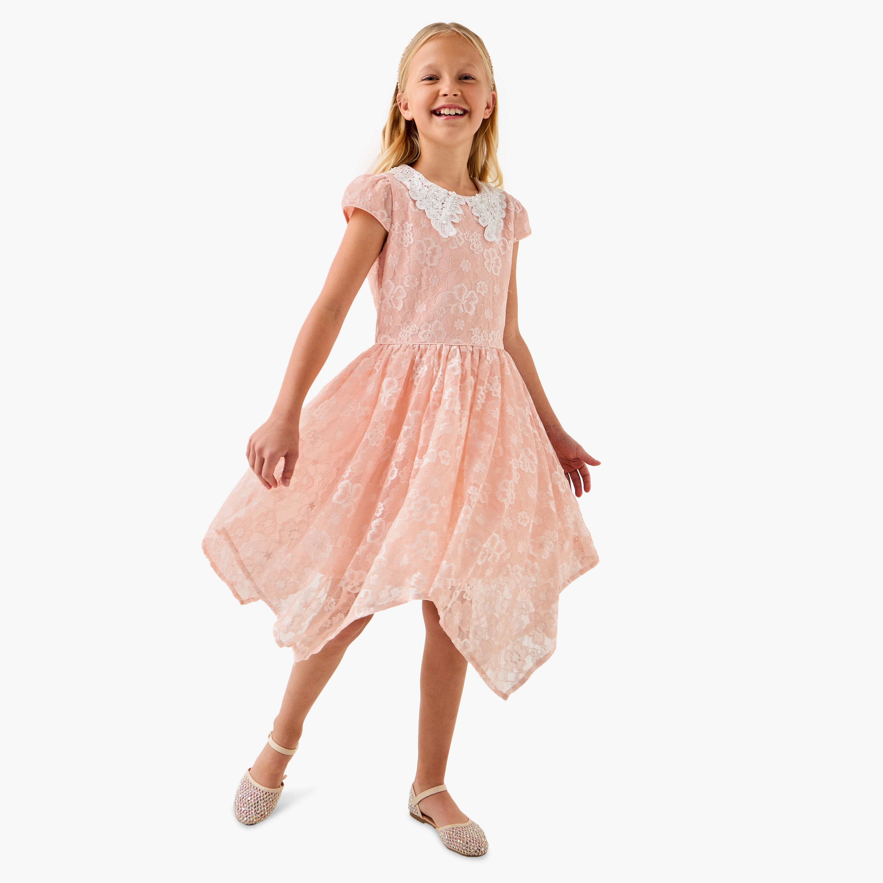 Buy Juniors Lace Detail Asymmetric Dress with Cap Sleeves Online | Babyshop UAE Buy Juniors Lace Detail Asymmetric Dress with Cap Sleeves Online | Babyshop UAE