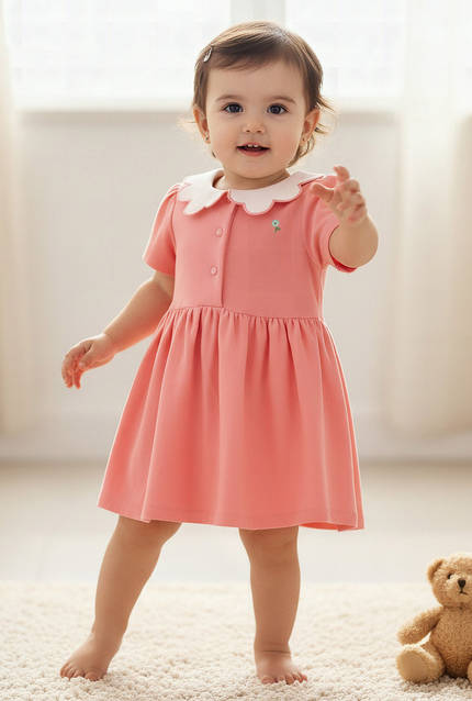 Juniors Collared Short Sleeves A-Line Dress with Floral Embroidery-baby-image-1