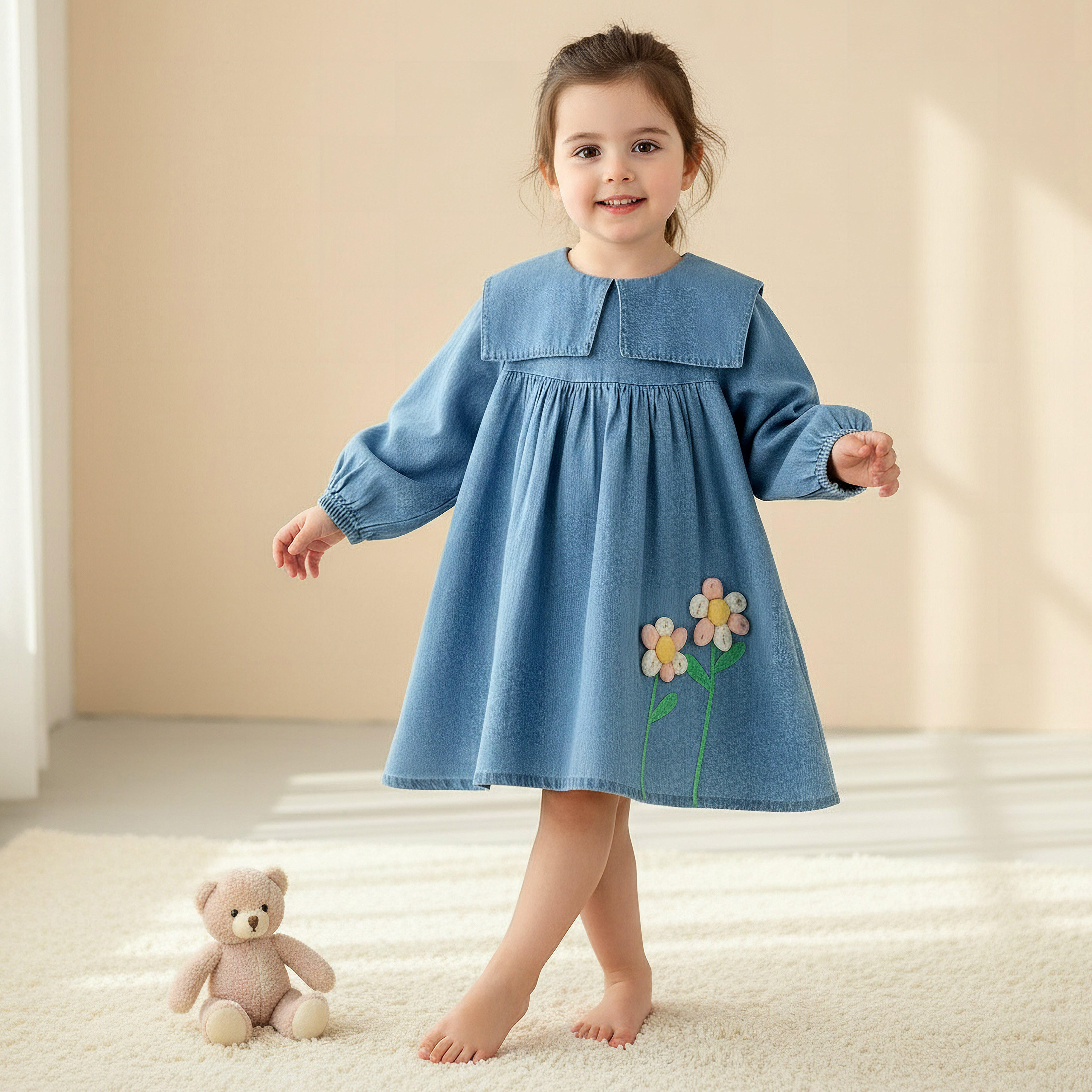 Buy Juniors Round Sailor Neck Long Sleeve Denim Dress with Floral ...