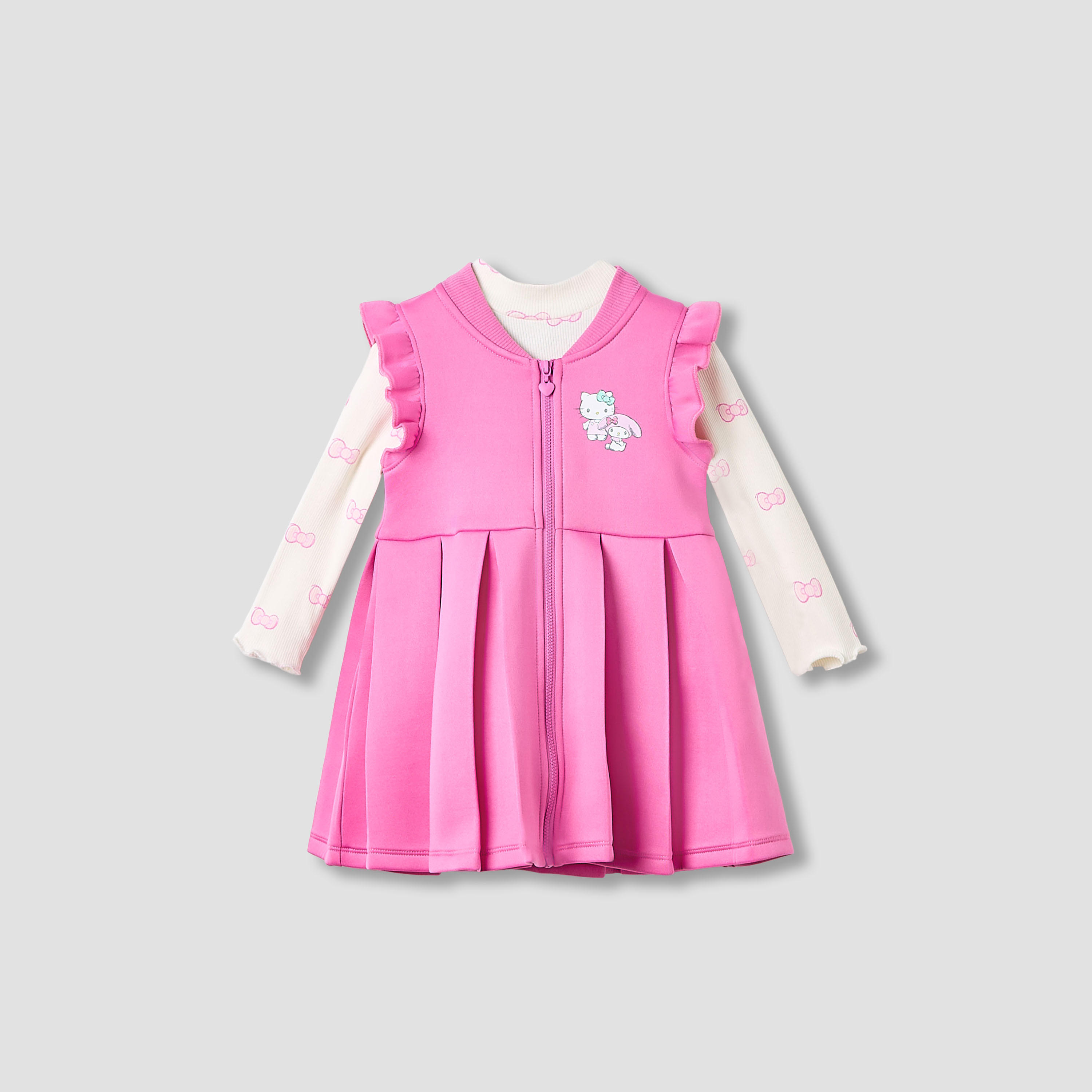 Sario Girls Pleated Dress and T-shirt Set with Hello Kitty Print - Cotton - Long Sleeves-baby-girls-clothing-setsandcoords-image-1