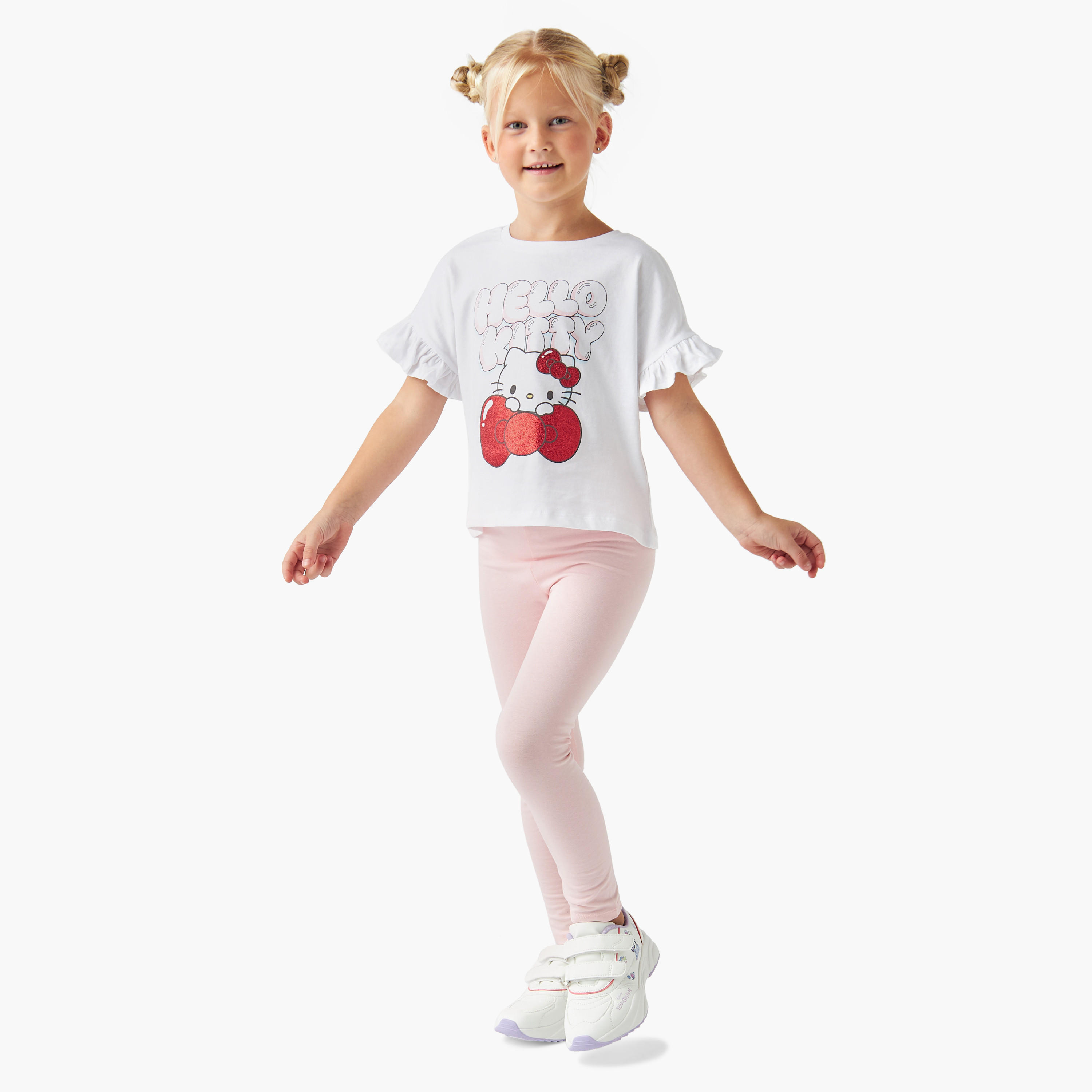 تيشيرت بأكمام قصيرة بكشكش وطبعات هالو كيتي من سانريو-girls-clothing-tshirts-image-2