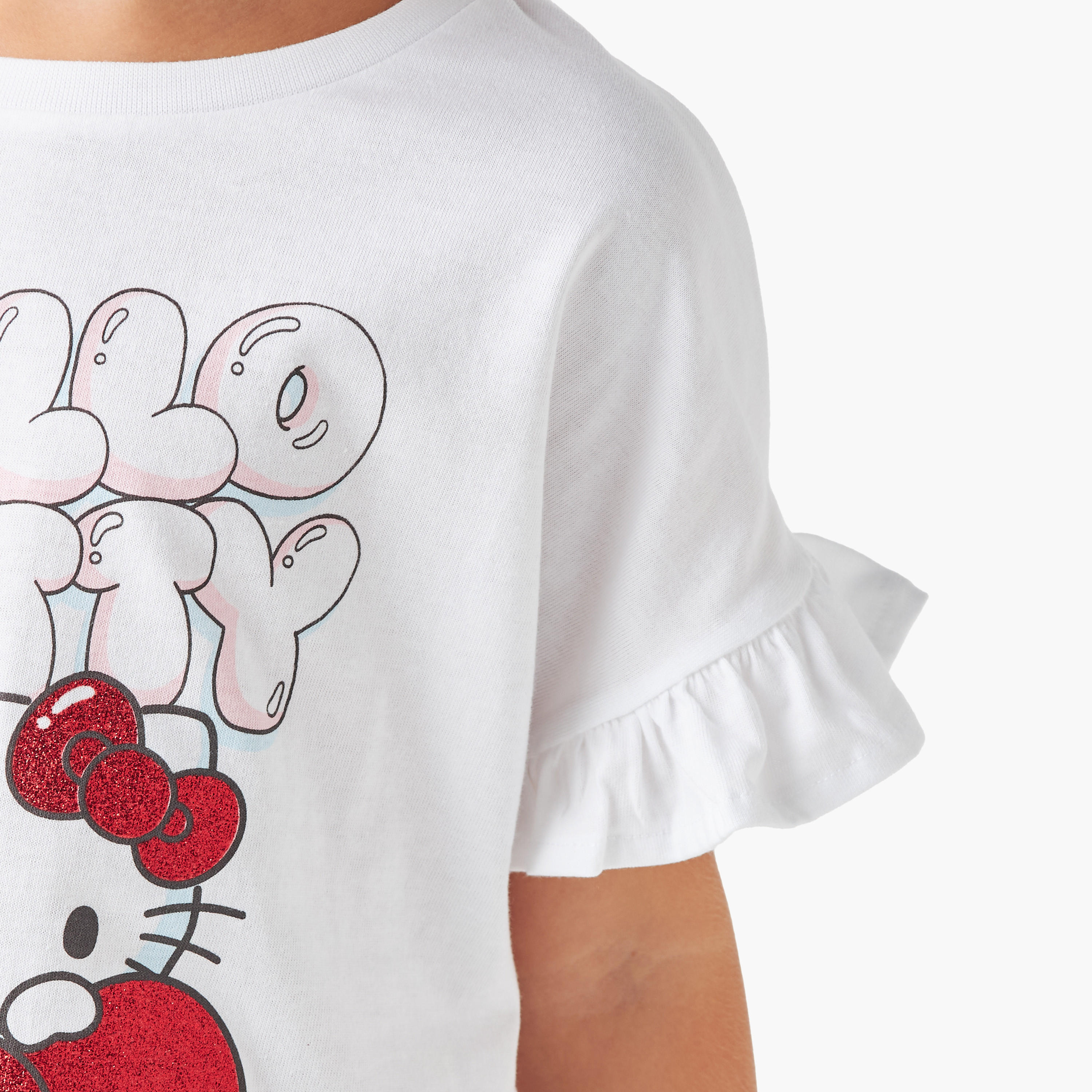 تيشيرت بأكمام قصيرة بكشكش وطبعات هالو كيتي من سانريو-girls-clothing-tshirts-image-4