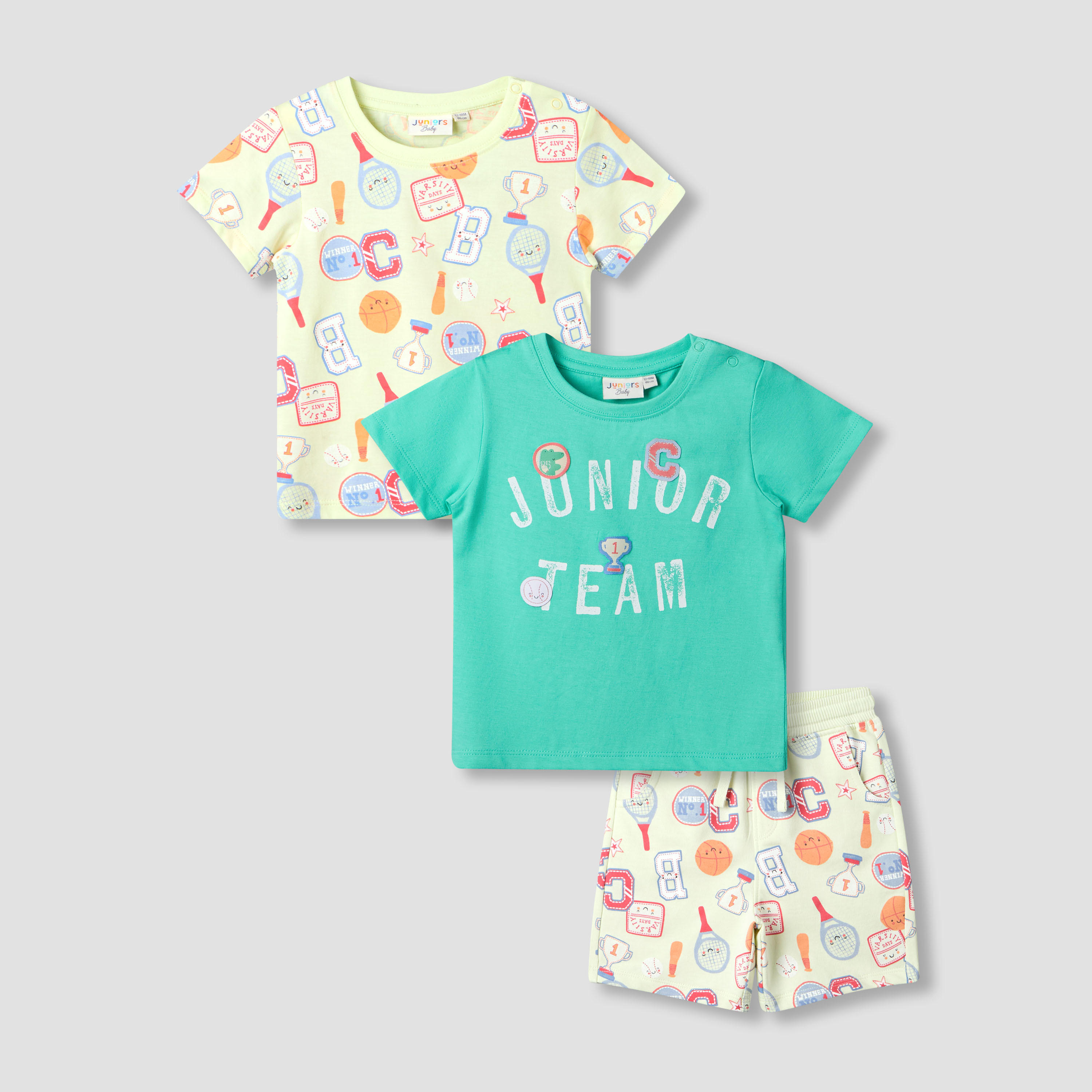 تيشيرتات بياقة مستديرة وأكمام قصيرة وطبعات مع شورت من جونيورز - طقم 3 قطع-baby-boys-clothing-setsandcoords-image-1
