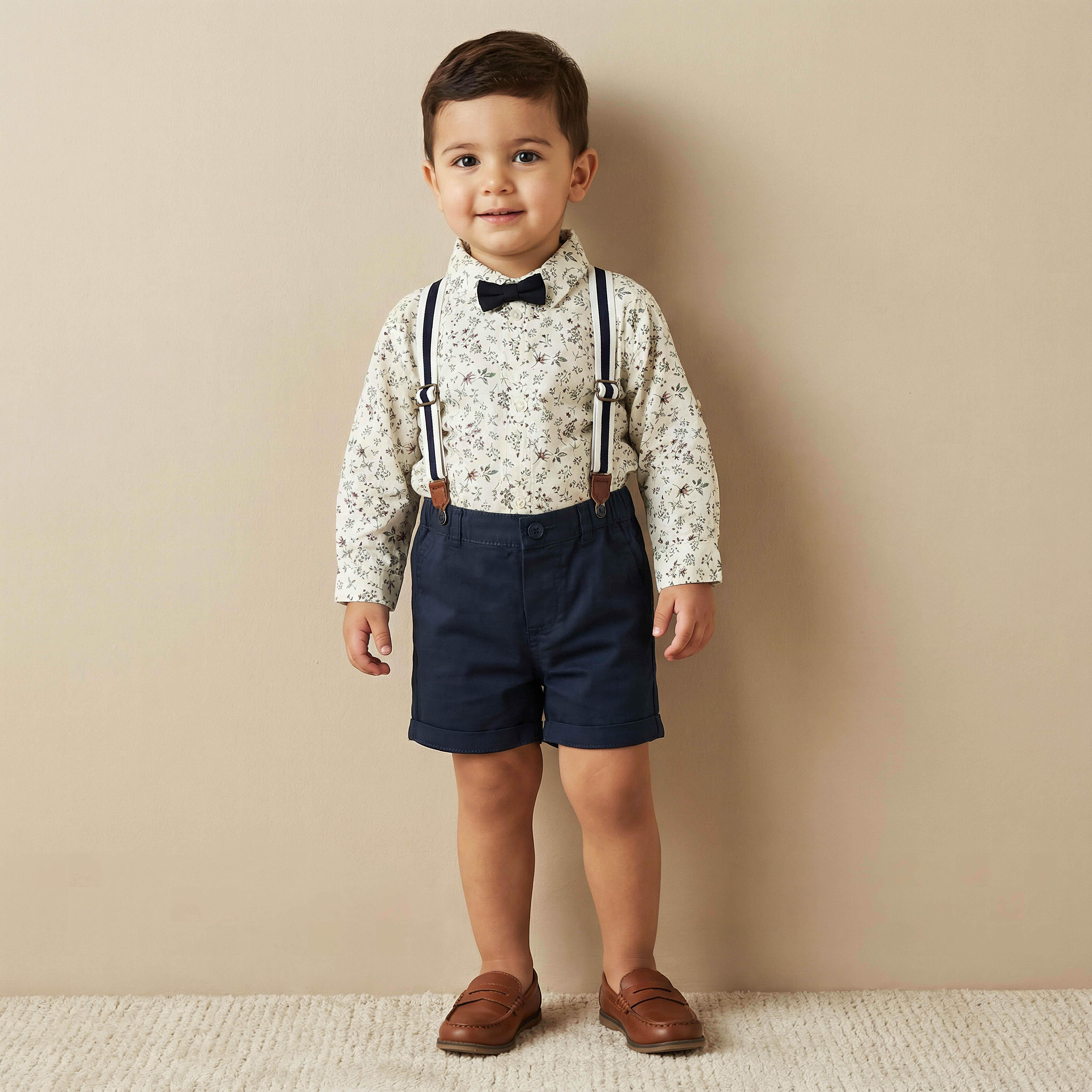 طقم قميص بياقة وأكمام قصيرة وشورت مع فيونكة وحمالات من جونيورز-baby-boys-clothing-setsandcoords-image-1
