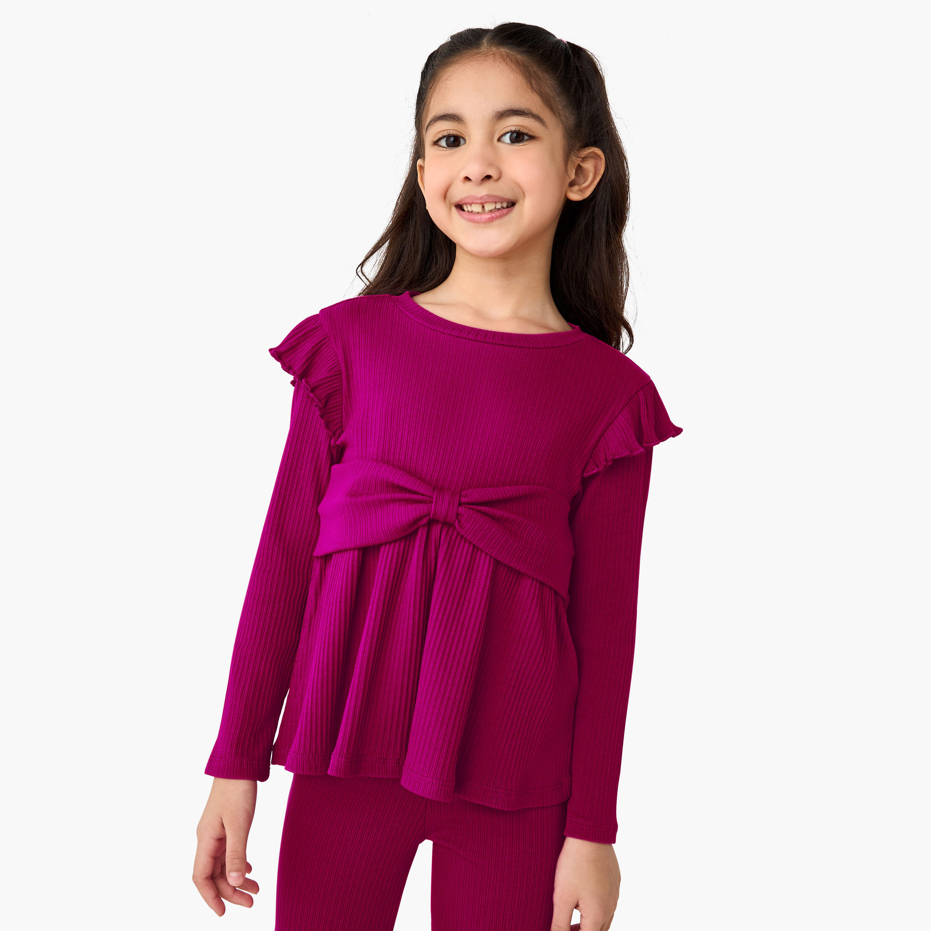 طقم بنطلون واسع الحواف وبلوزة برقبة مستديرة وأكمام طويلة بارز الملمس من جونيورز-baby-girls-clothing-setsandcoords-image-2