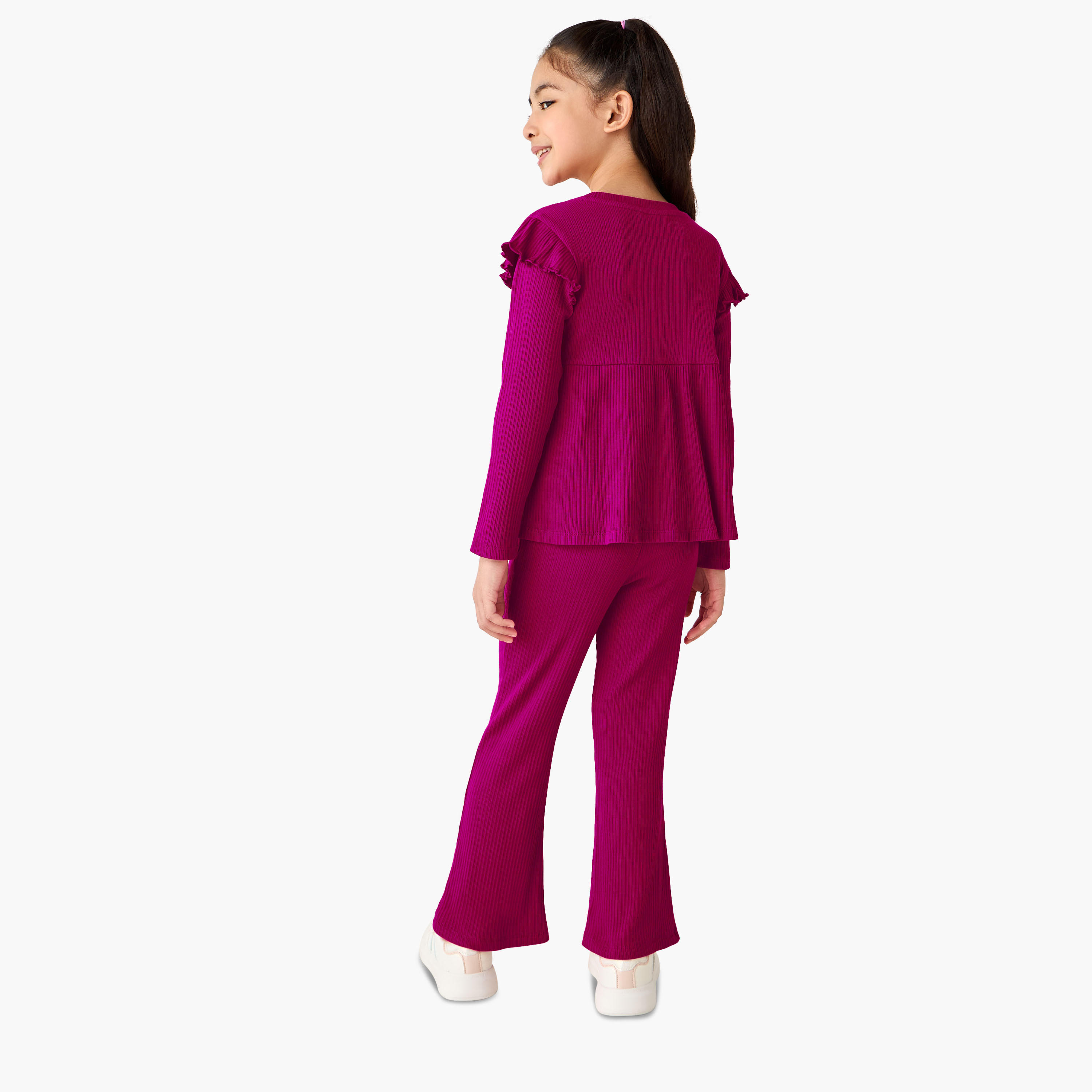طقم بنطلون واسع الحواف وبلوزة برقبة مستديرة وأكمام طويلة بارز الملمس من جونيورز-baby-girls-clothing-setsandcoords-image-4