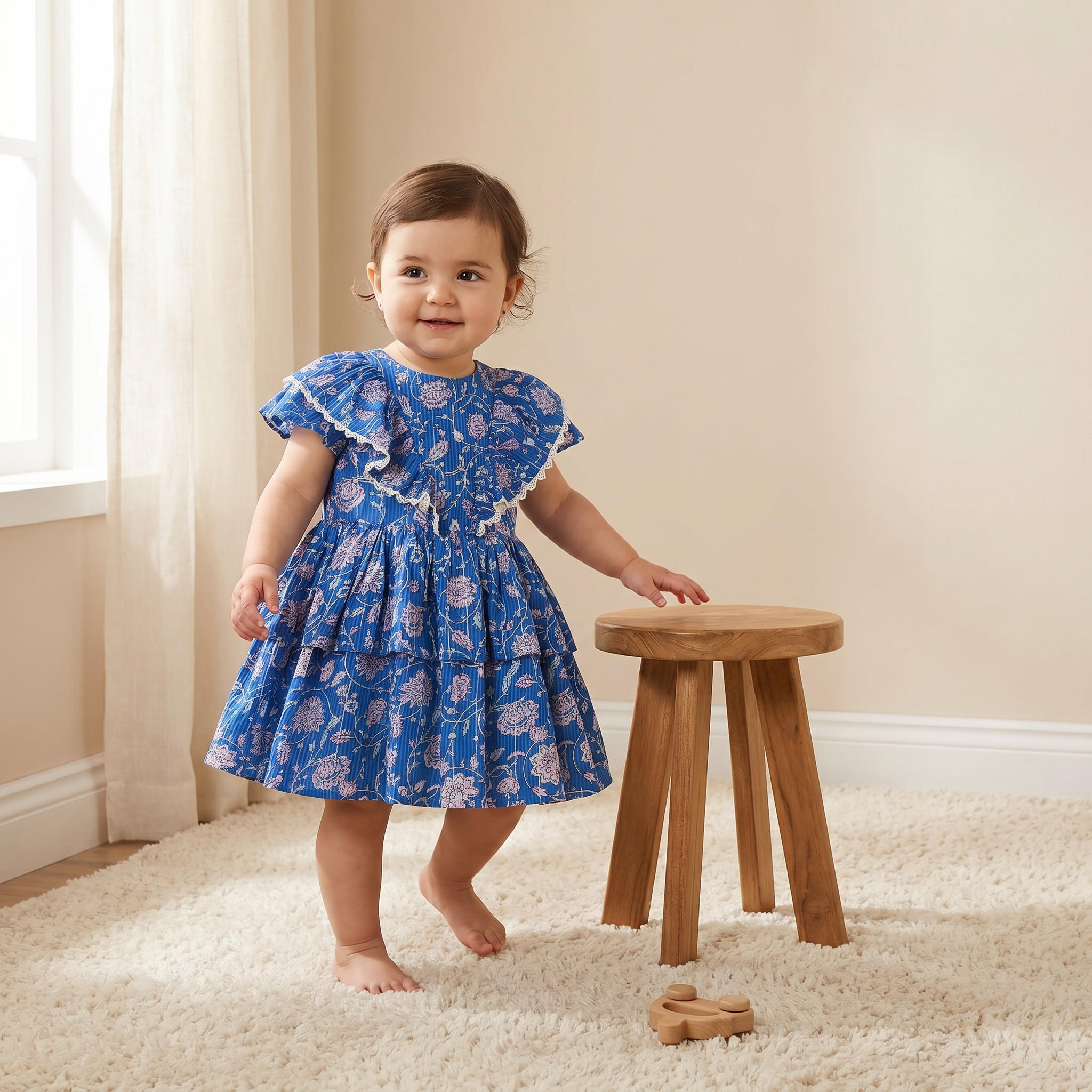 فستان متعدد الطبقات بطول الركبة وياقة مستديرة وأكمام قصيرة وطبعات زهرية من إليجو-girls-clothing-dressesandjumpsuits-image-1