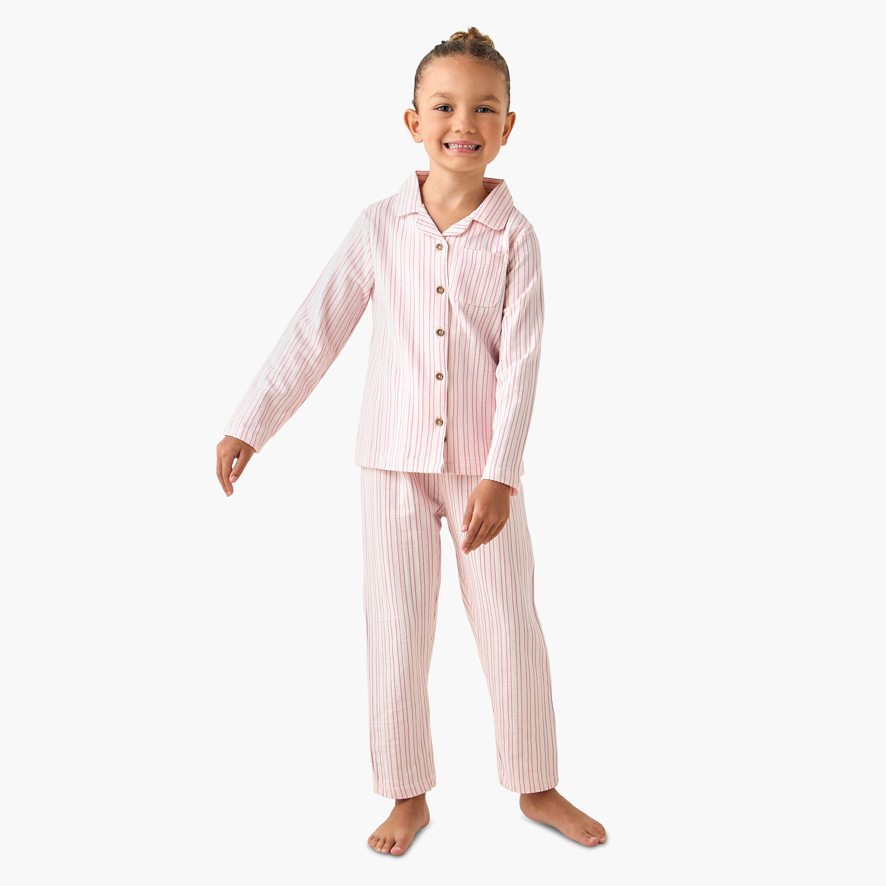 طقم بيجاما قطن بياقة وأكمام طويلة مخططة من جونيورز-girls-clothing-nightwear-image-1
