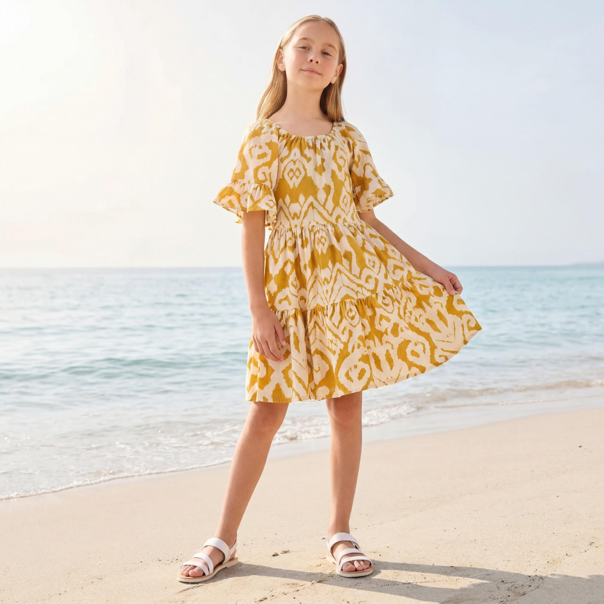 Buy Juniors Round Neck Short Ruffle Sleeves Midi A-line Dress with Ikat ...