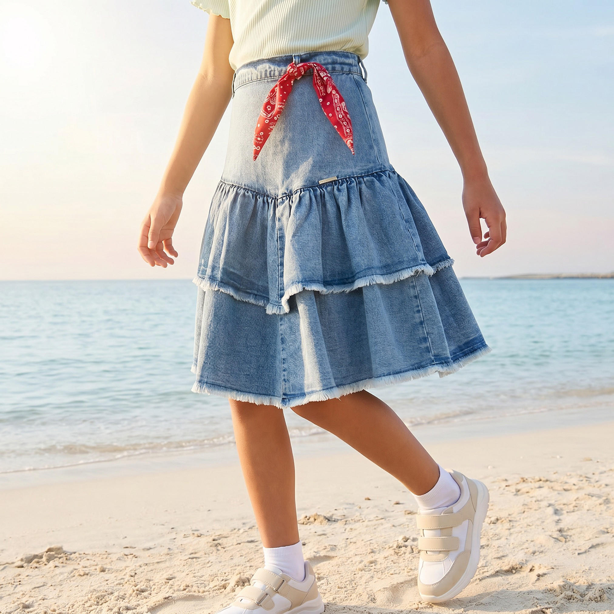 Lee Cooper Knee Length Tiered Denim Skirt with Frayed Hem-girls-clothing-bottoms-skirts-image-1