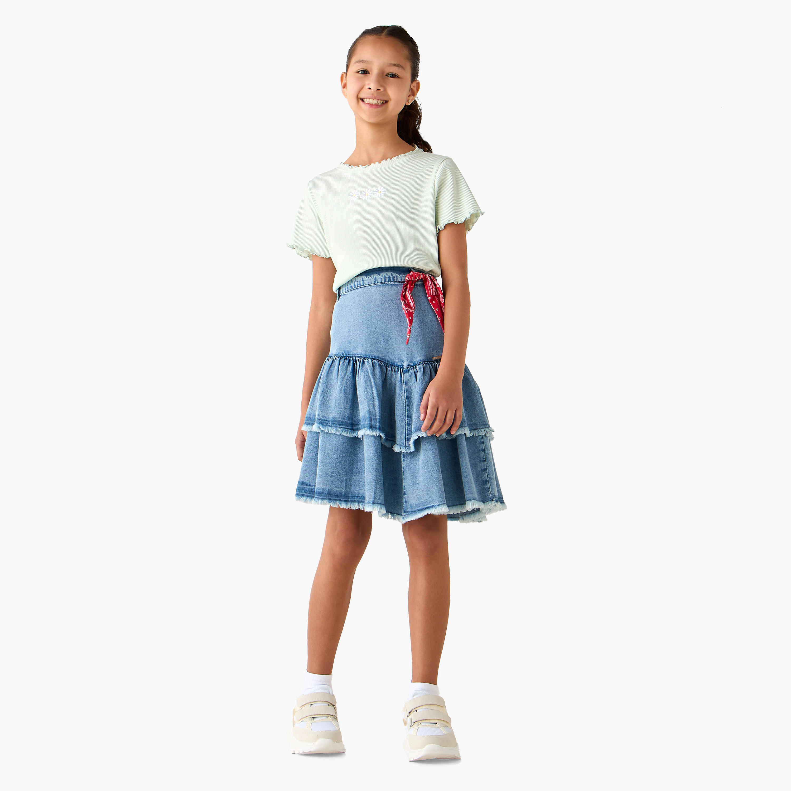 Lee Cooper Knee Length Tiered Denim Skirt with Frayed Hem-girls-clothing-bottoms-skirts-image-2