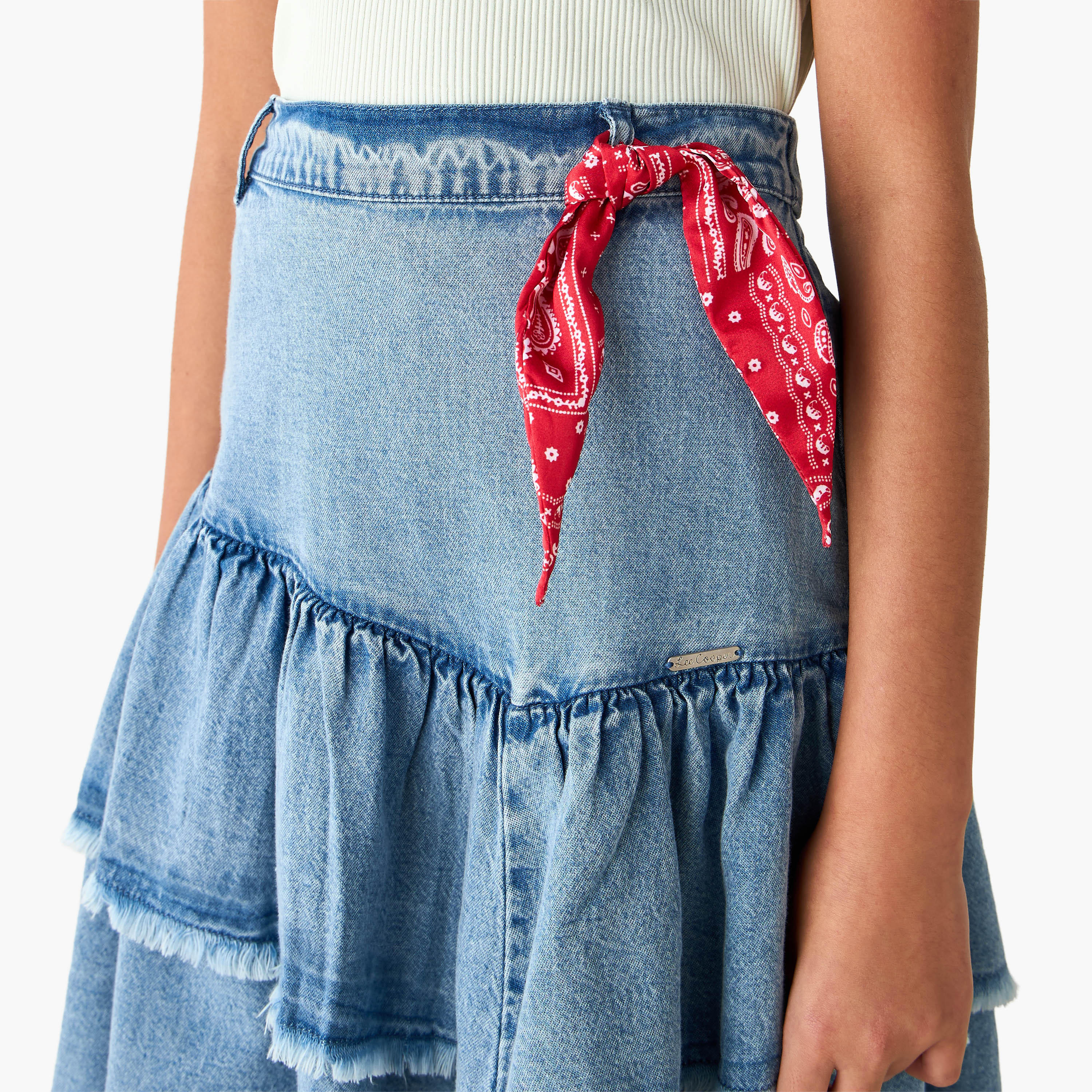 Lee Cooper Knee Length Tiered Denim Skirt with Frayed Hem-girls-clothing-bottoms-skirts-image-4