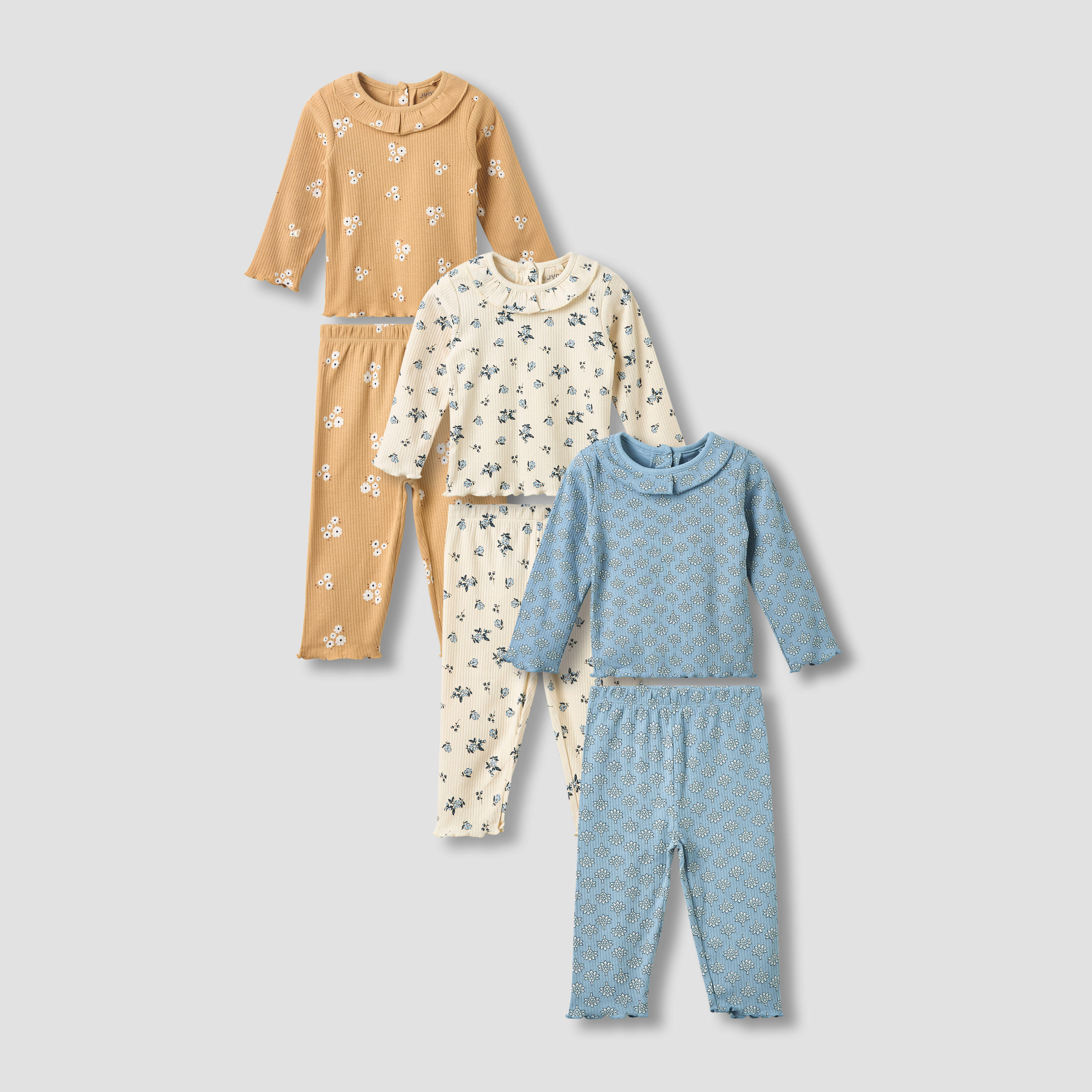طقم بيجاما قطنية بياقة ضيقة وأكمام طويلة بطبعات زهور من جونيورز - عبوة من 3 قطع-baby-girls-clothing-nightwear-pyjamasets-image-1