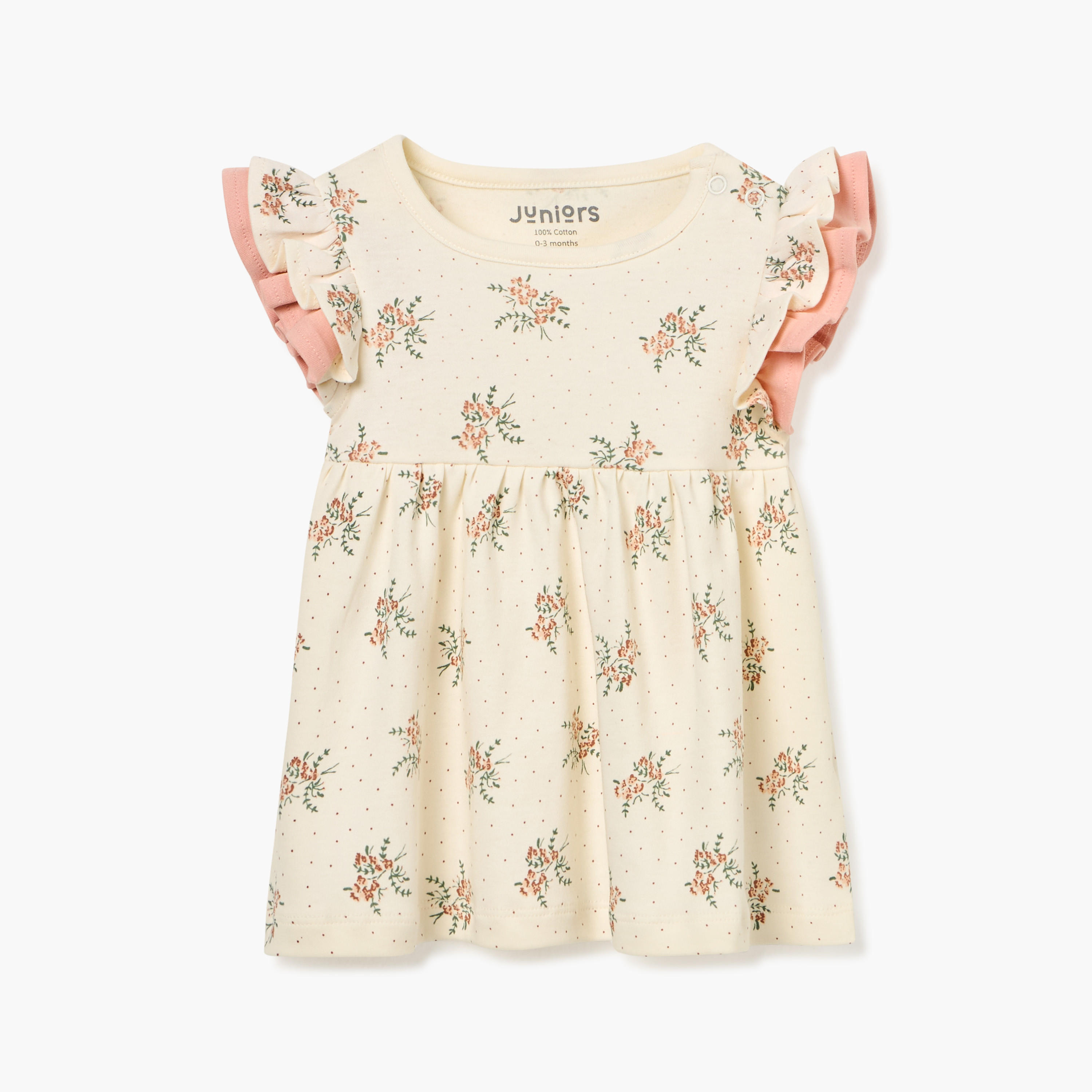 فستان بياقة مستديرة وأكمام بكشكش وطبعات زهرية من جونيورز