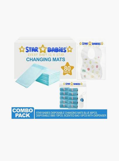 Star Babies 80-Piece Disposable Changing Mats, 70-Piece Disposable Bibs with Pack of 10 Scented Bags and Dispenser Bundle-baby-feeding-bibs-image-2