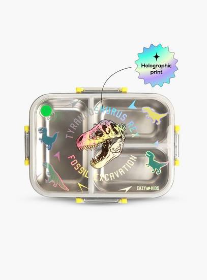 Eazy Kids 3-Compartment Stainless Steel Bento Lunch Box with Bag - 800 ml - T- Rex - Purple-school-lunchessentials-lunchboxes-image-2