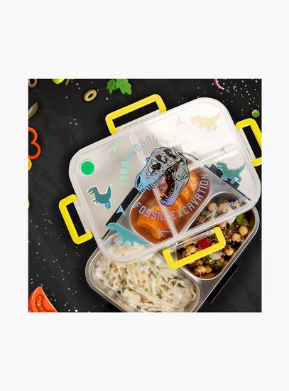 Eazy Kids 3-Compartment Stainless Steel Bento Lunch Box with Bag - 800 ml - T- Rex - Purple-school-lunchessentials-lunchboxes-image-4