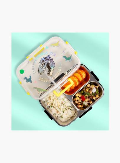 Eazy Kids 3-Compartment Stainless Steel Bento Lunch Box with Bag - 800 ml - T- Rex - Purple-school-lunchessentials-lunchboxes-image-5